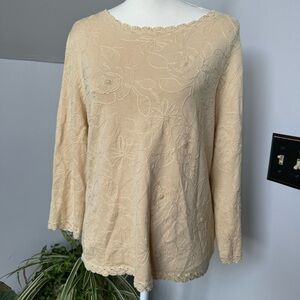 Pendleton Beige Tone on Tone Embroidered Crewneck Seater Crochet Trim Silk Linen